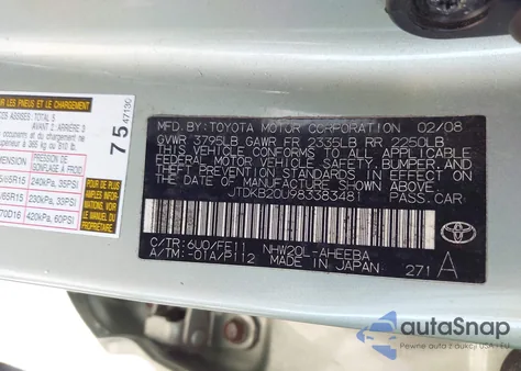 2008 Toyota Prius Standard/Touring z USA, uszkodzony, nr VIN JTDKB20U983383481